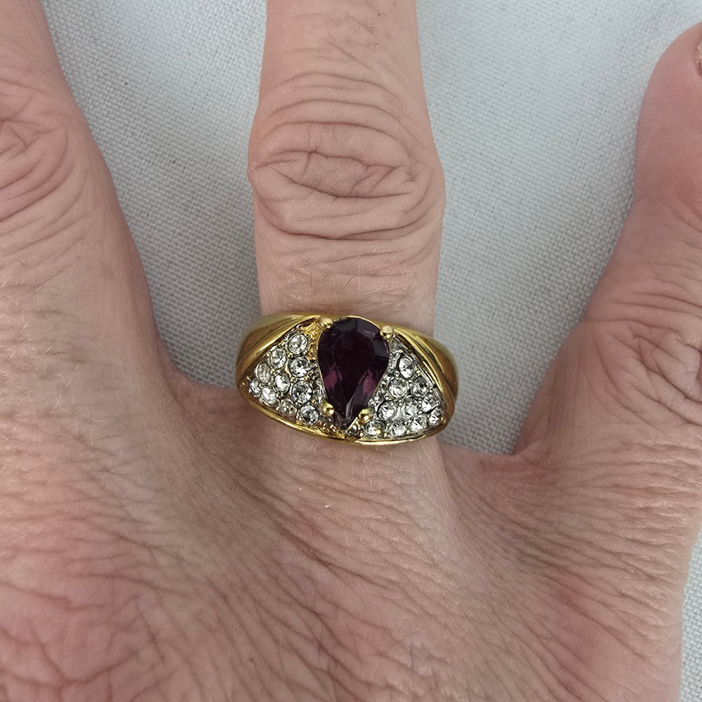 Vintage Gold Tone Purple Stone Crystal Ring Size 8