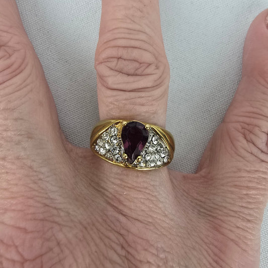 Vintage Gold Tone Purple Stone Crystal Ring Size 8