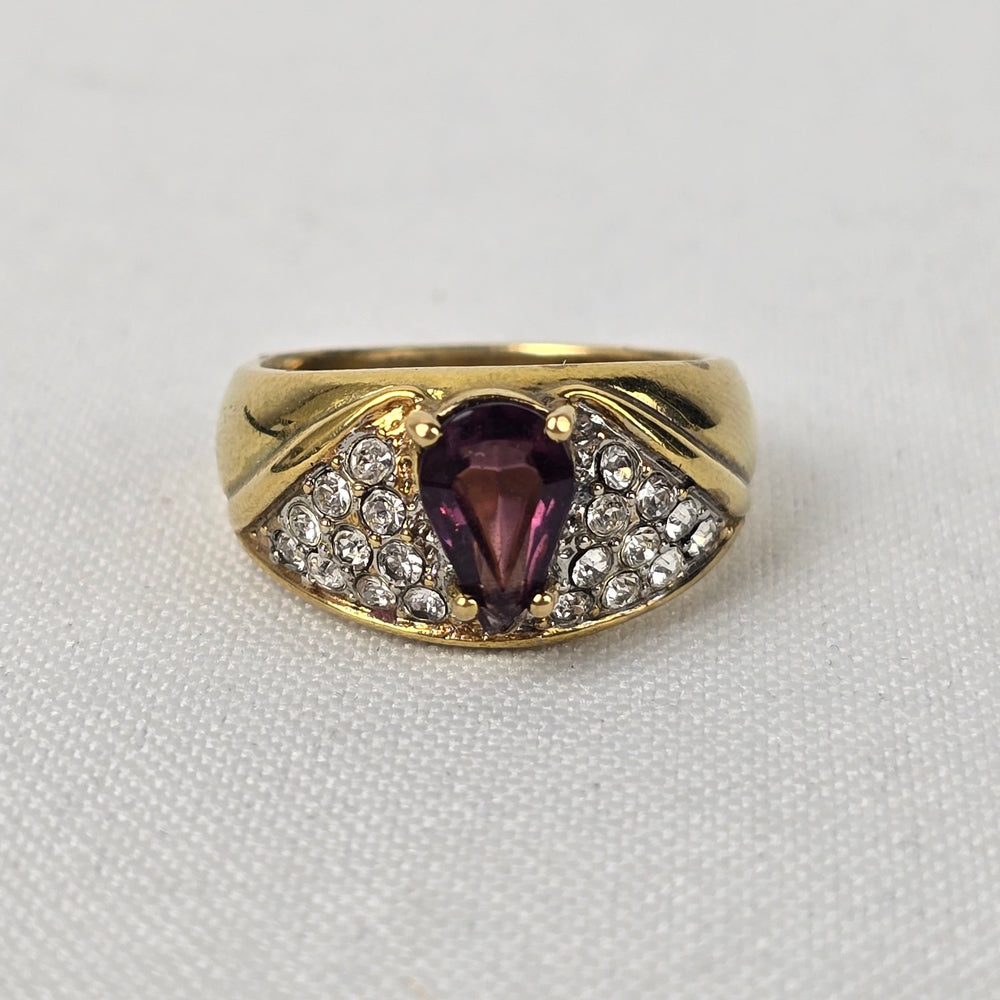 Vintage Gold Tone Purple Stone Crystal Ring Size 8
