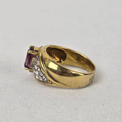 Vintage Gold Tone Purple Stone Crystal Ring Size 8