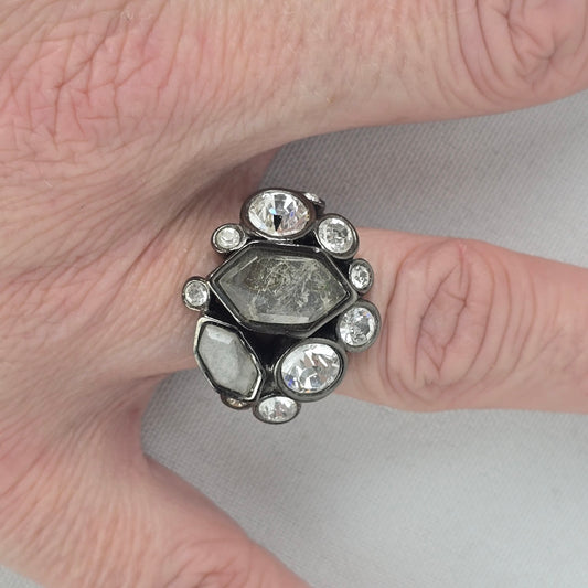 Dyrberg Kern Black & Silver Faceted Stone Statement Ring 7