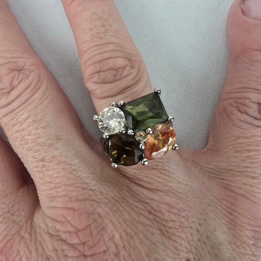 Silver Tone Colorful Crystal Stone Adjustable Ring Size 7-9