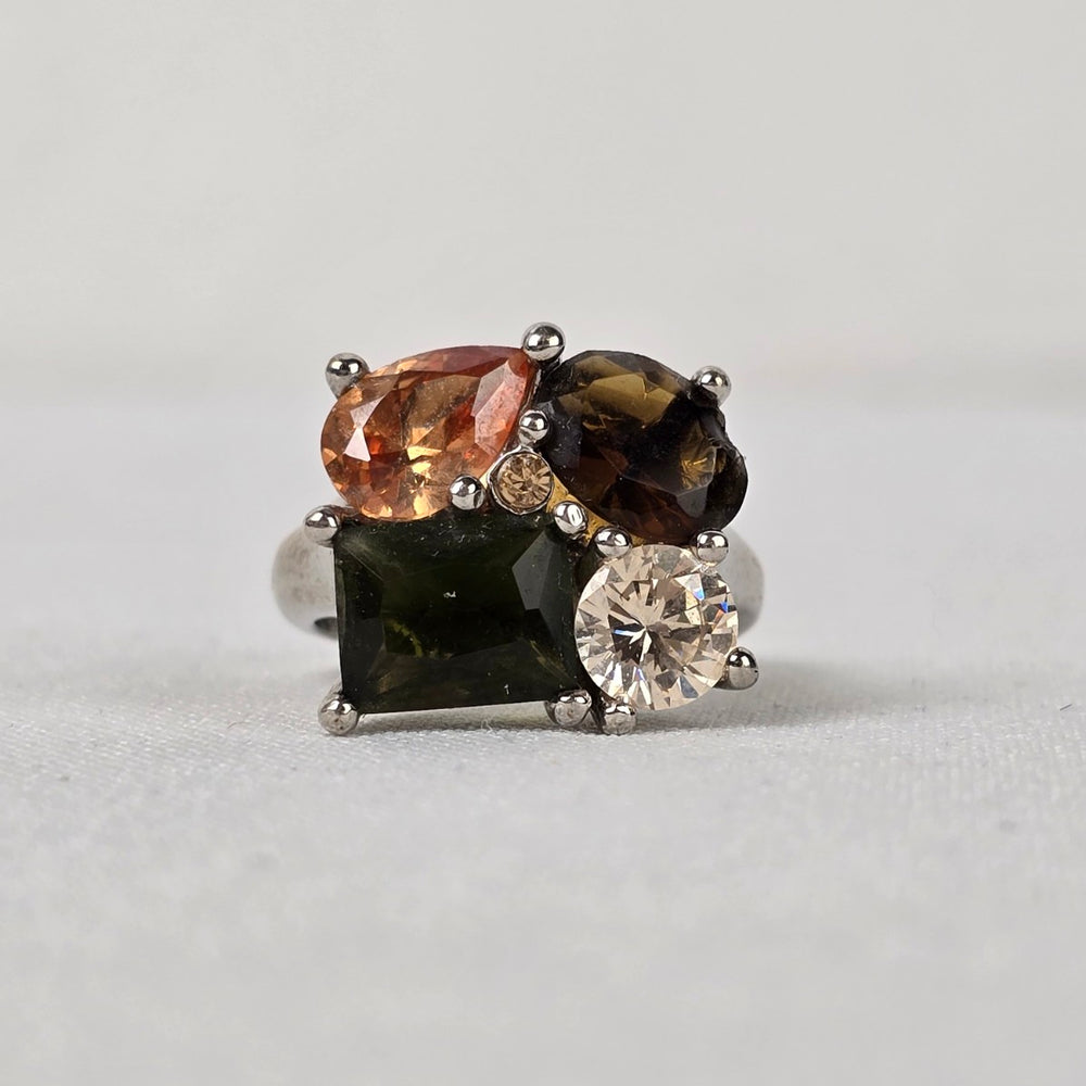 Silver Tone Colorful Crystal Stone Adjustable Ring Size 7-9