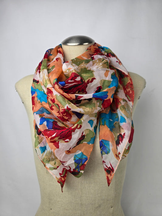 Vintage Silk Blue & Orange Flower Print Square Scarf