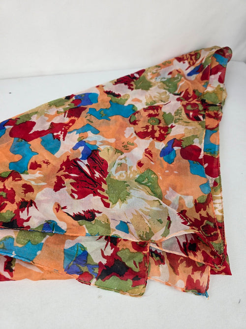 Vintage Silk Blue & Orange Flower Print Square Scarf