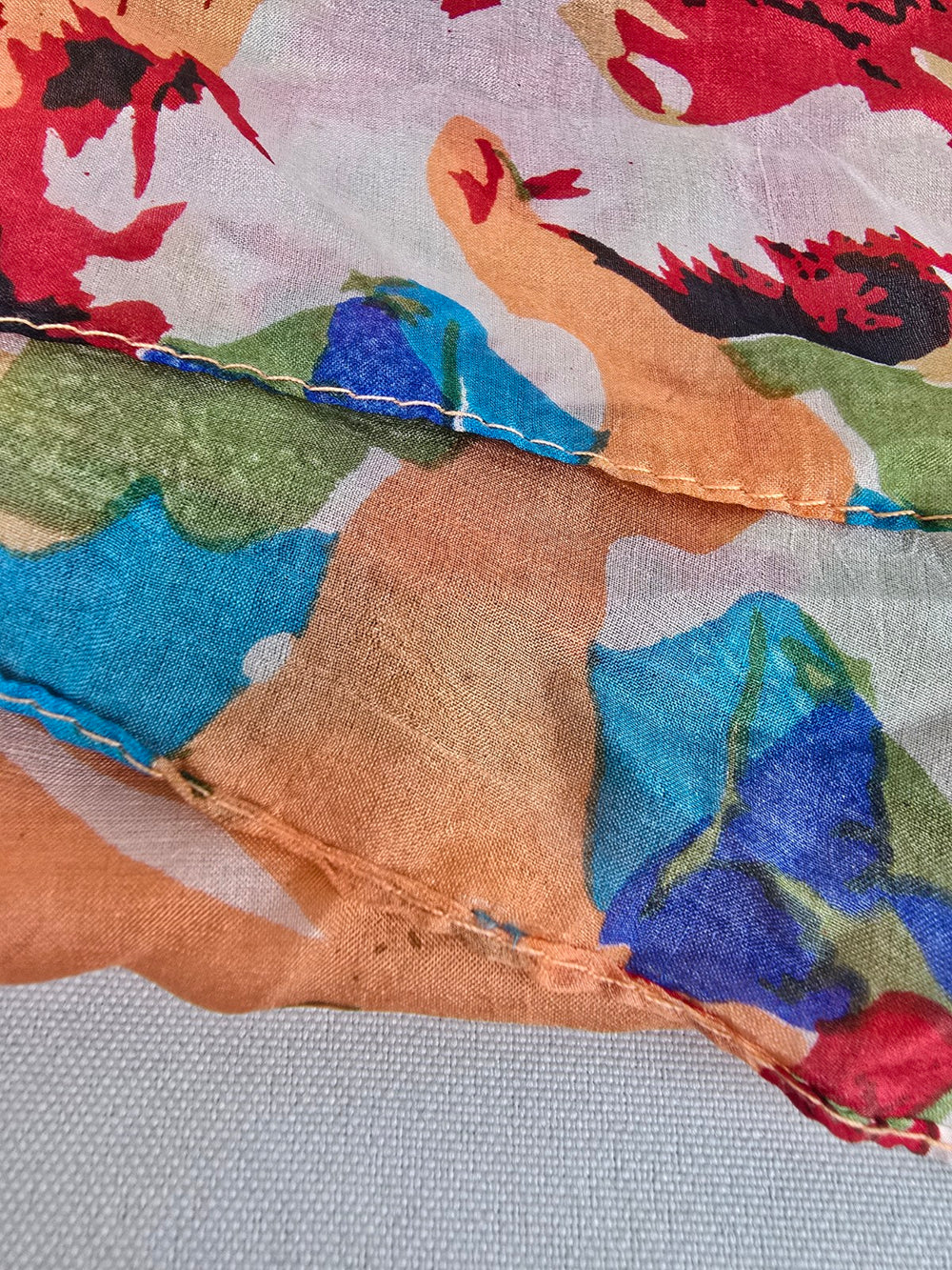 Vintage Silk Blue & Orange Flower Print Square Scarf