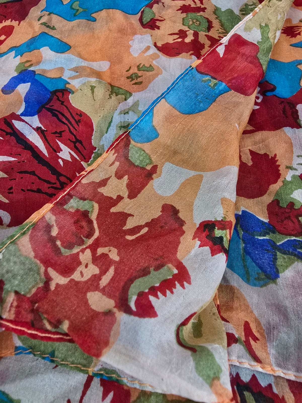 Vintage Silk Blue & Orange Flower Print Square Scarf