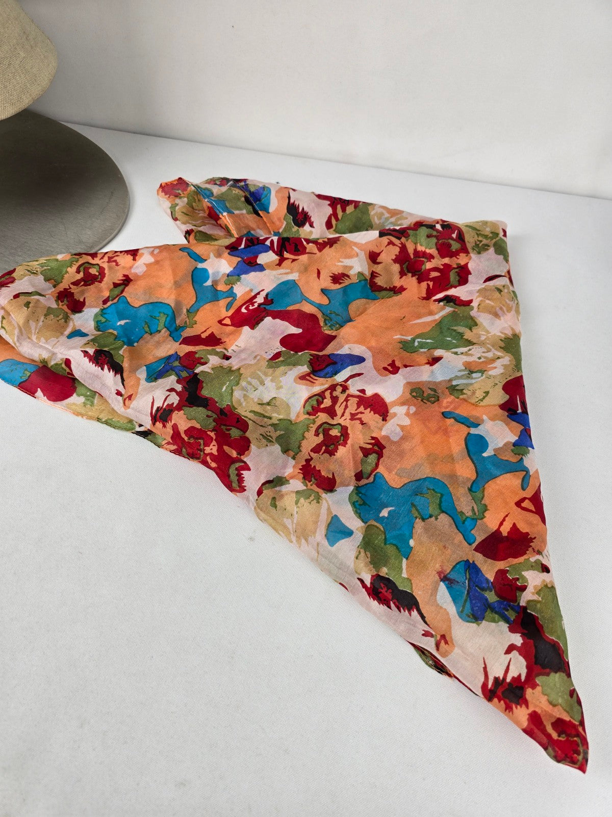 Vintage Silk Blue & Orange Flower Print Square Scarf