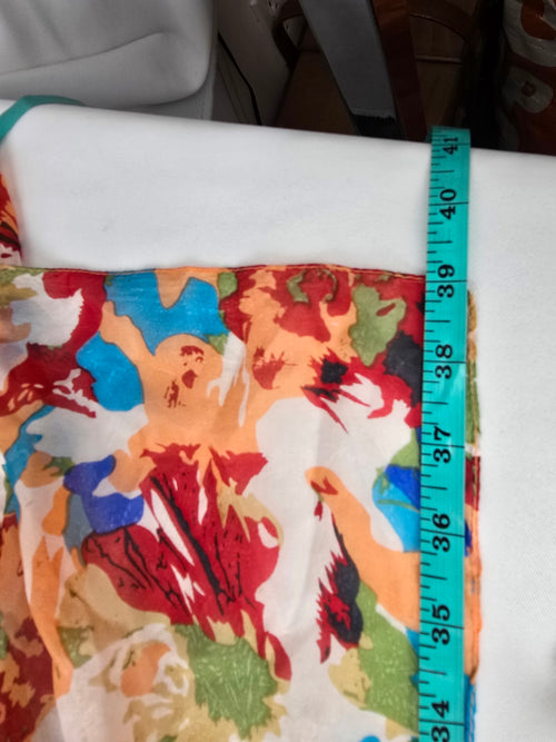 Vintage Silk Blue & Orange Flower Print Square Scarf