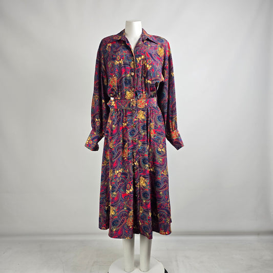 Vintage Ms Chaus Colorful Paisley Belted Button Front Midi Dress Size 10