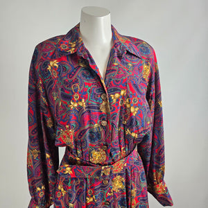 Vintage Ms Chaus Colorful Paisley Belted Button Front Midi Dress Size 10