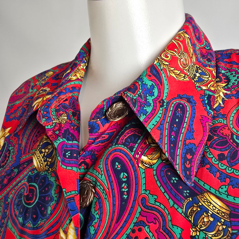 Vintage Ms Chaus Colorful Paisley Belted Button Front Midi Dress Size 10