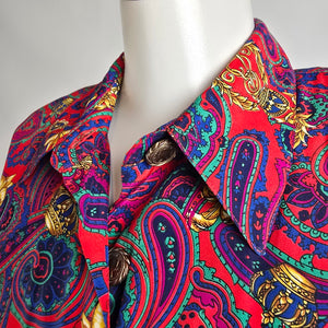 Vintage Ms Chaus Colorful Paisley Belted Button Front Midi Dress Size 10