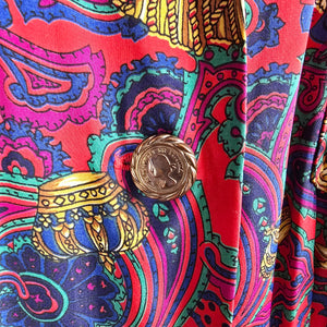Vintage Ms Chaus Colorful Paisley Belted Button Front Midi Dress Size 10