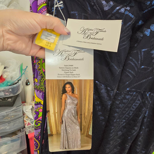 Angelina Faccenda Navy Blue One shoulder Sequined Bridesmaids Gown Size 6