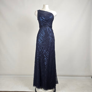 Angelina Faccenda Navy Blue One shoulder Sequined Bridesmaids Gown Size 6