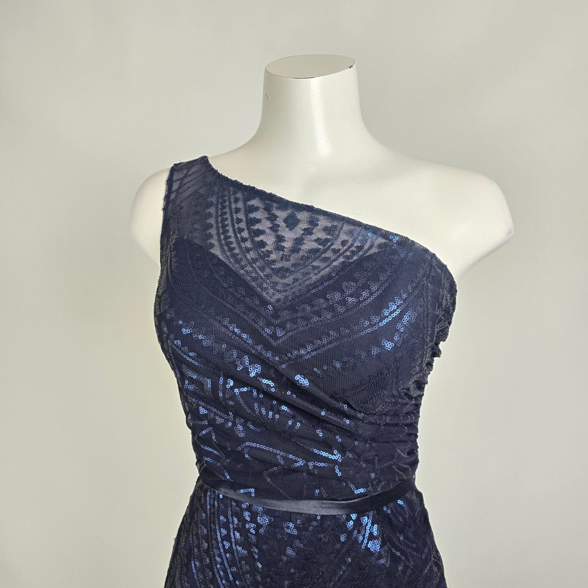 Angelina Faccenda Navy Blue One shoulder Sequined Bridesmaids Gown Size 6