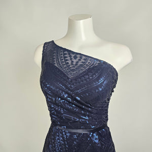 Angelina Faccenda Navy Blue One shoulder Sequined Bridesmaids Gown Size 6