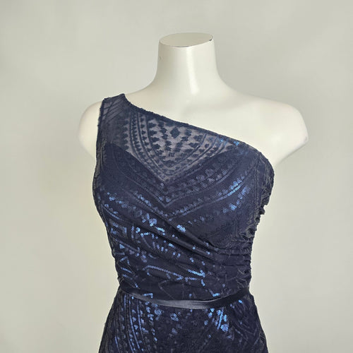 Angelina Faccenda Navy Blue One shoulder Sequined Bridesmaids Gown Size 6