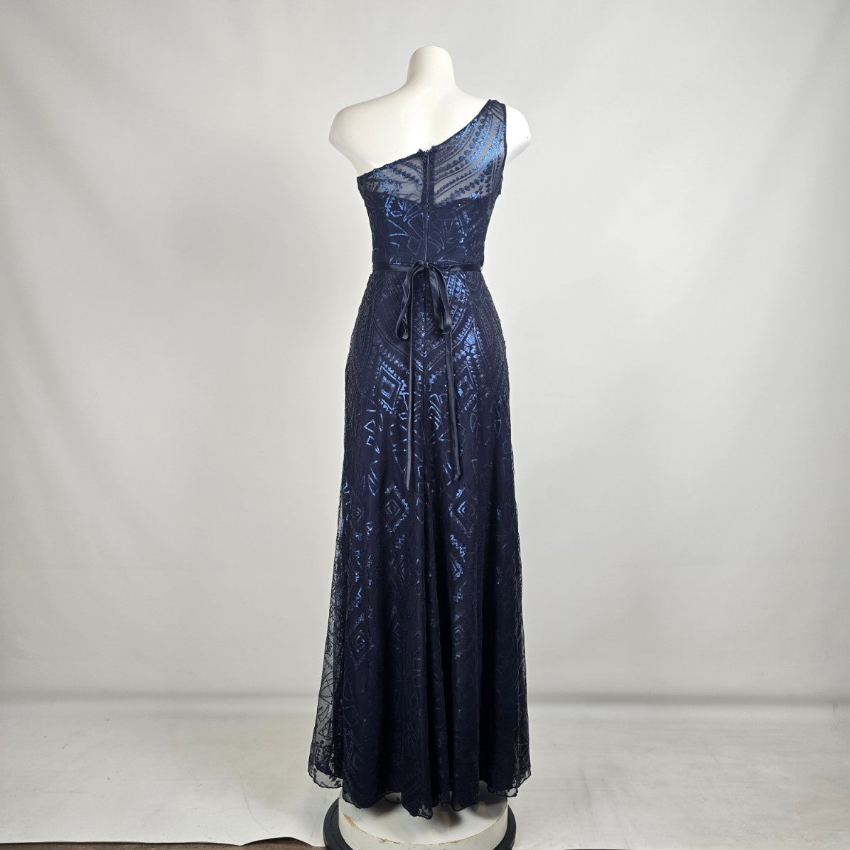 Angelina Faccenda Navy Blue One shoulder Sequined Bridesmaids Gown Size 6