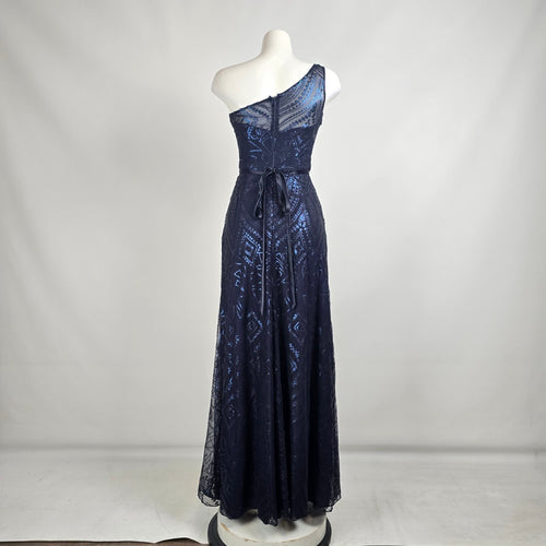 Angelina Faccenda Navy Blue One shoulder Sequined Bridesmaids Gown Size 6
