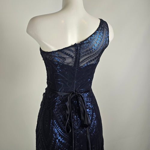 Angelina Faccenda Navy Blue One shoulder Sequined Bridesmaids Gown Size 6