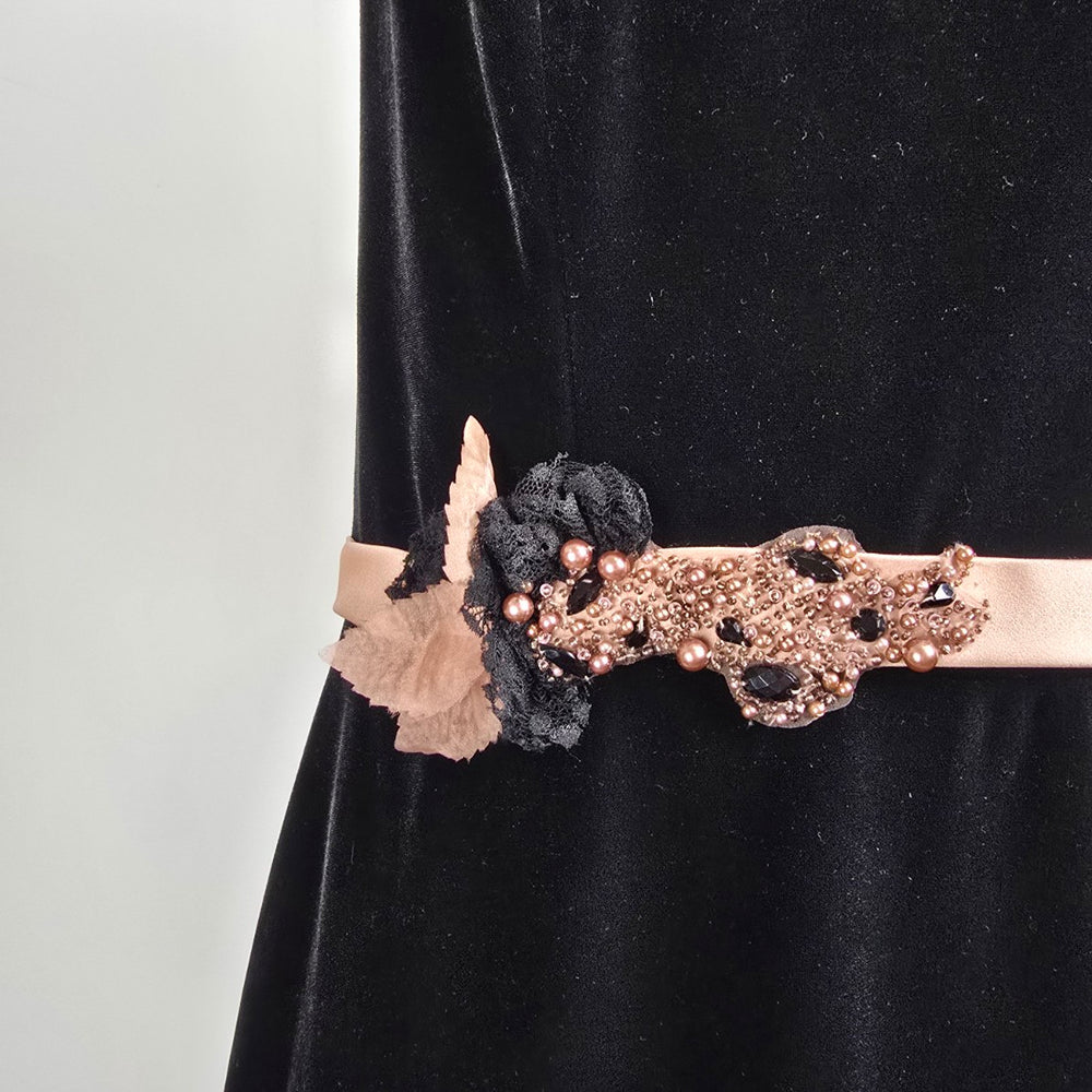 Alfred Angelo Black Velvet Flower Detail Mini Event Dress Size 14