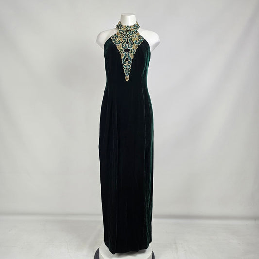 Vintage Nu Mode Green Velved Beaded Event Gown Size 13/14