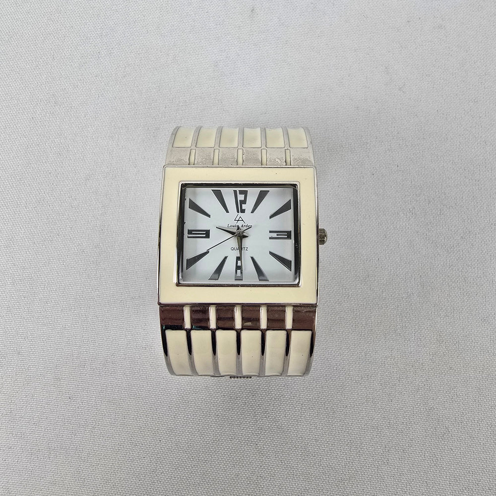 Louis Arden Cream Enamel Silver Wide Cuff Hinge Watch
