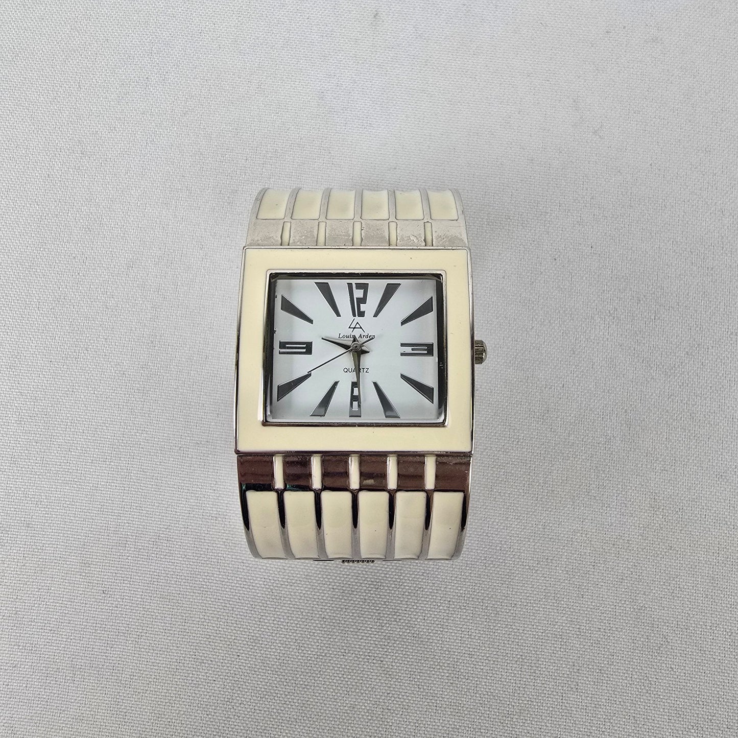 Louis Arden Cream Enamel Silver Wide Cuff Hinge Watch
