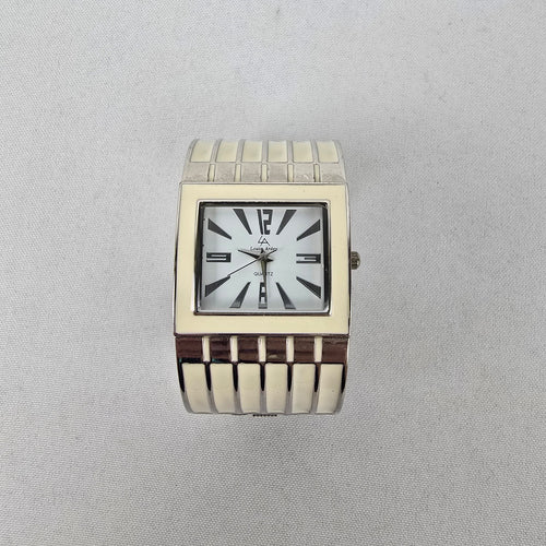 Louis Arden Cream Enamel Silver Wide Cuff Hinge Watch