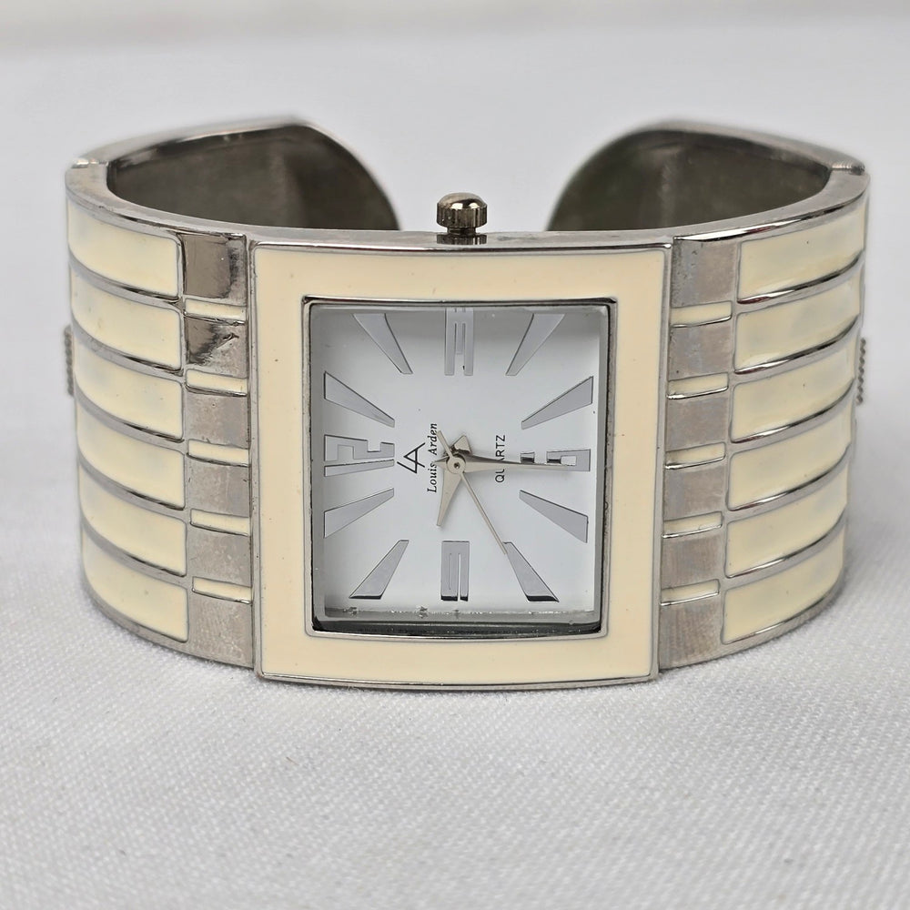 Louis Arden Cream Enamel Silver Wide Cuff Hinge Watch