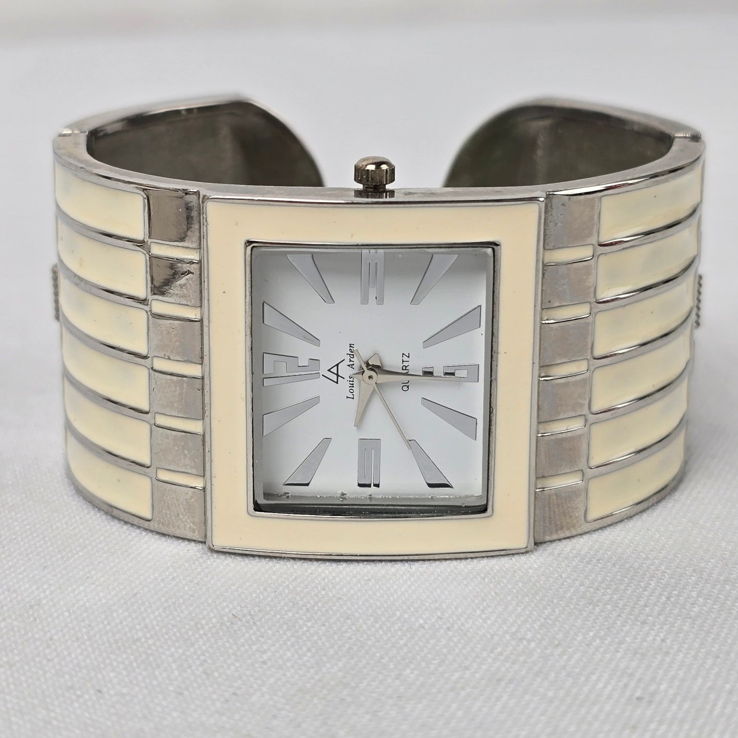 Louis Arden Cream Enamel Silver Wide Cuff Hinge Watch