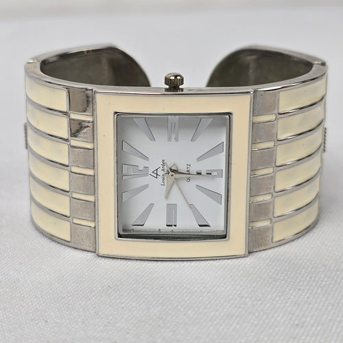 Louis Arden Cream Enamel Silver Wide Cuff Hinge Watch