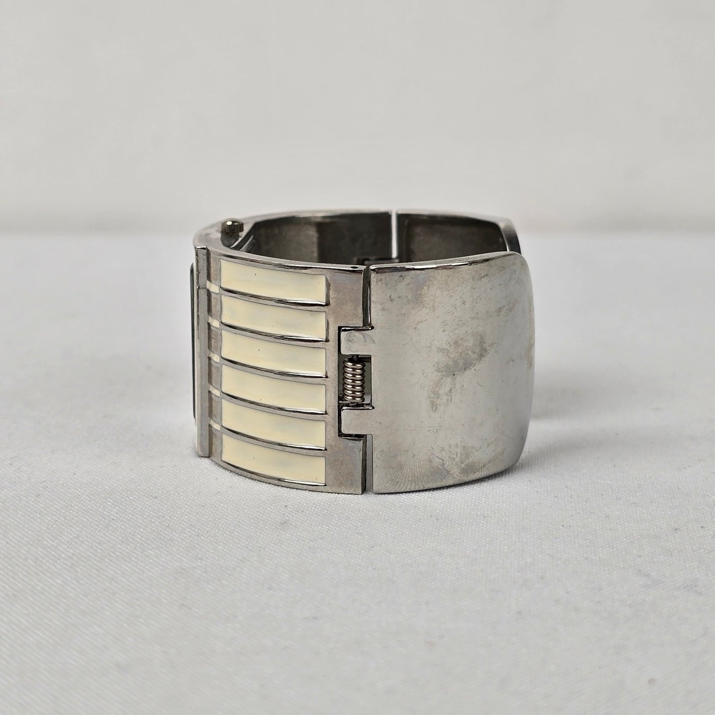 Louis Arden Cream Enamel Silver Wide Cuff Hinge Watch