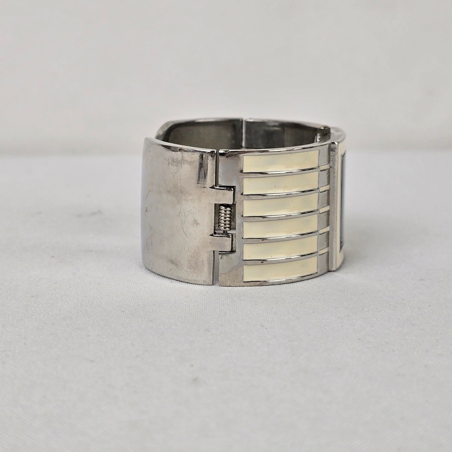 Louis Arden Cream Enamel Silver Wide Cuff Hinge Watch