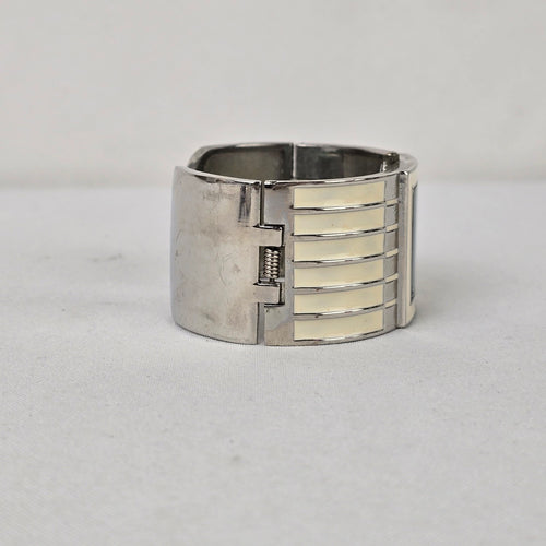 Louis Arden Cream Enamel Silver Wide Cuff Hinge Watch