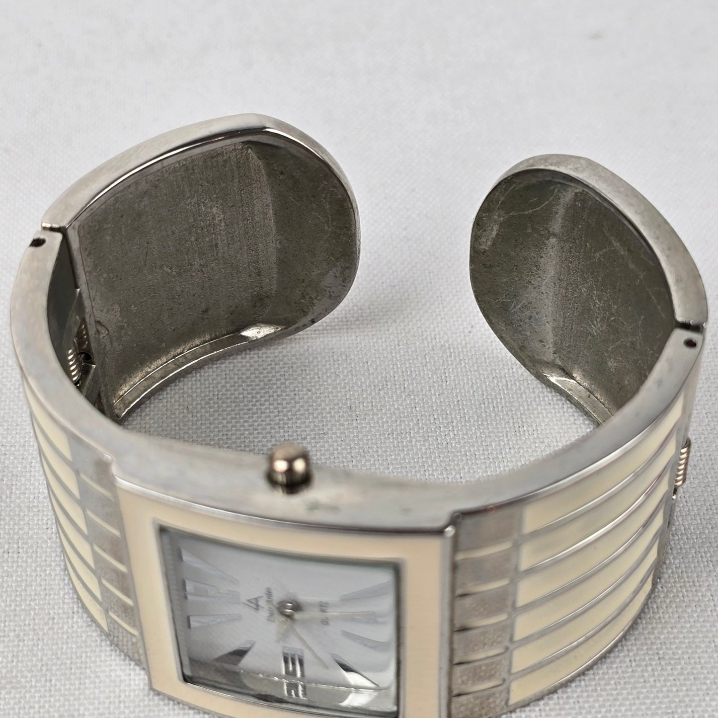 Louis Arden Cream Enamel Silver Wide Cuff Hinge Watch