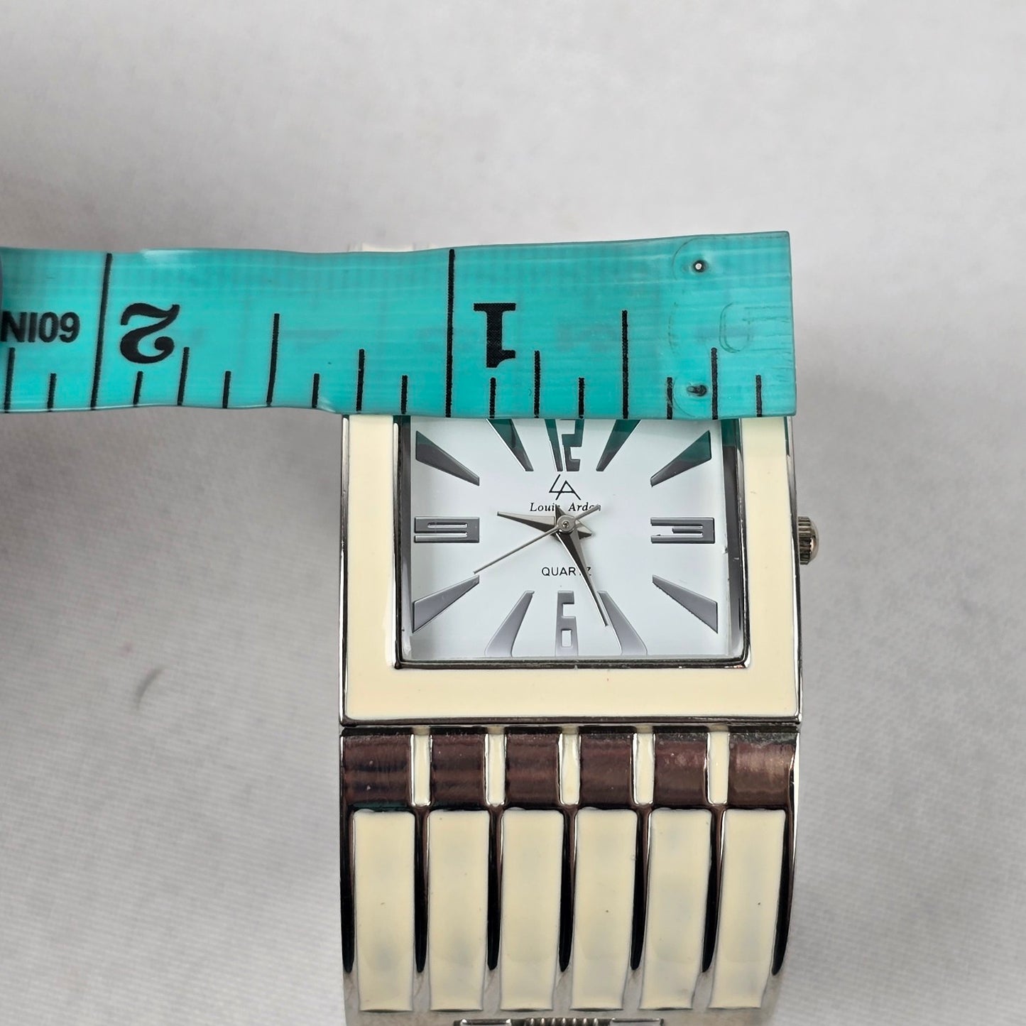 Louis Arden Cream Enamel Silver Wide Cuff Hinge Watch