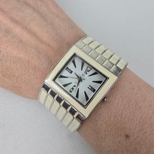 Louis Arden Cream Enamel Silver Wide Cuff Hinge Watch