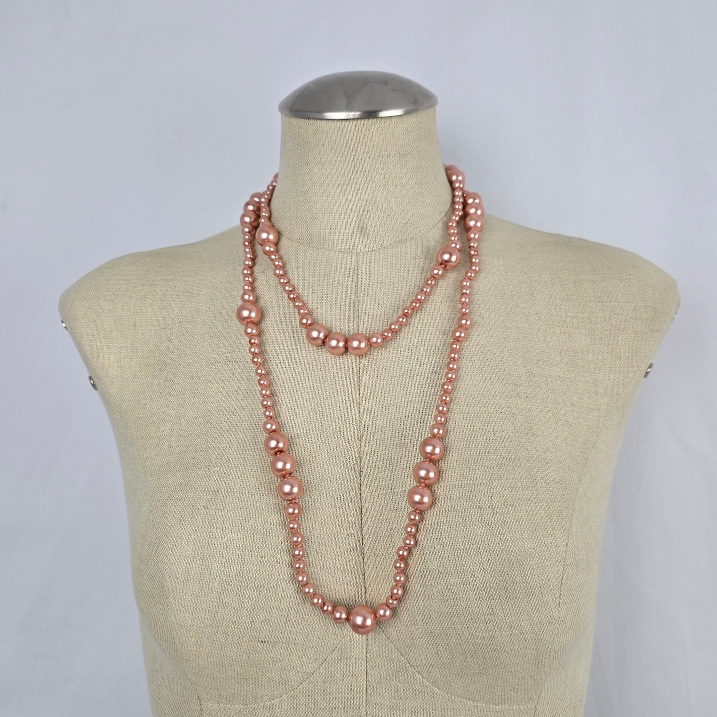 Pink Hand Knotted Long Faux Pearl Beaded Necklace