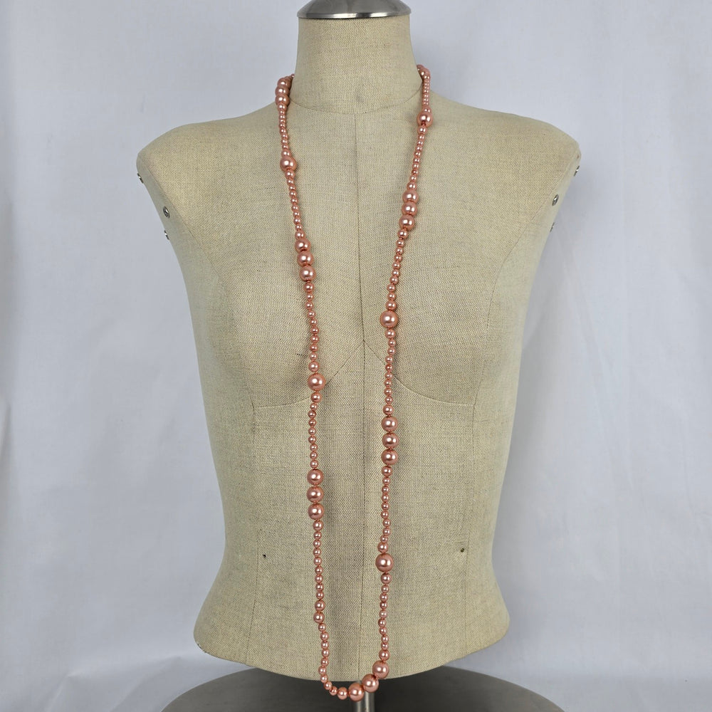 Pink Hand Knotted Long Faux Pearl Beaded Necklace