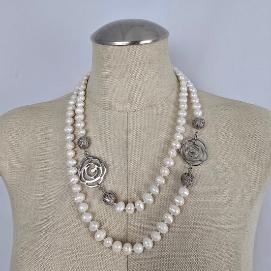Fresh Water Pearl Floral Silver Hand Knotted Long Necklace