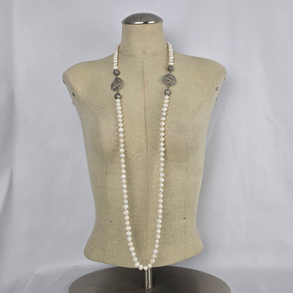 Fresh Water Pearl Floral Silver Hand Knotted Long Necklace