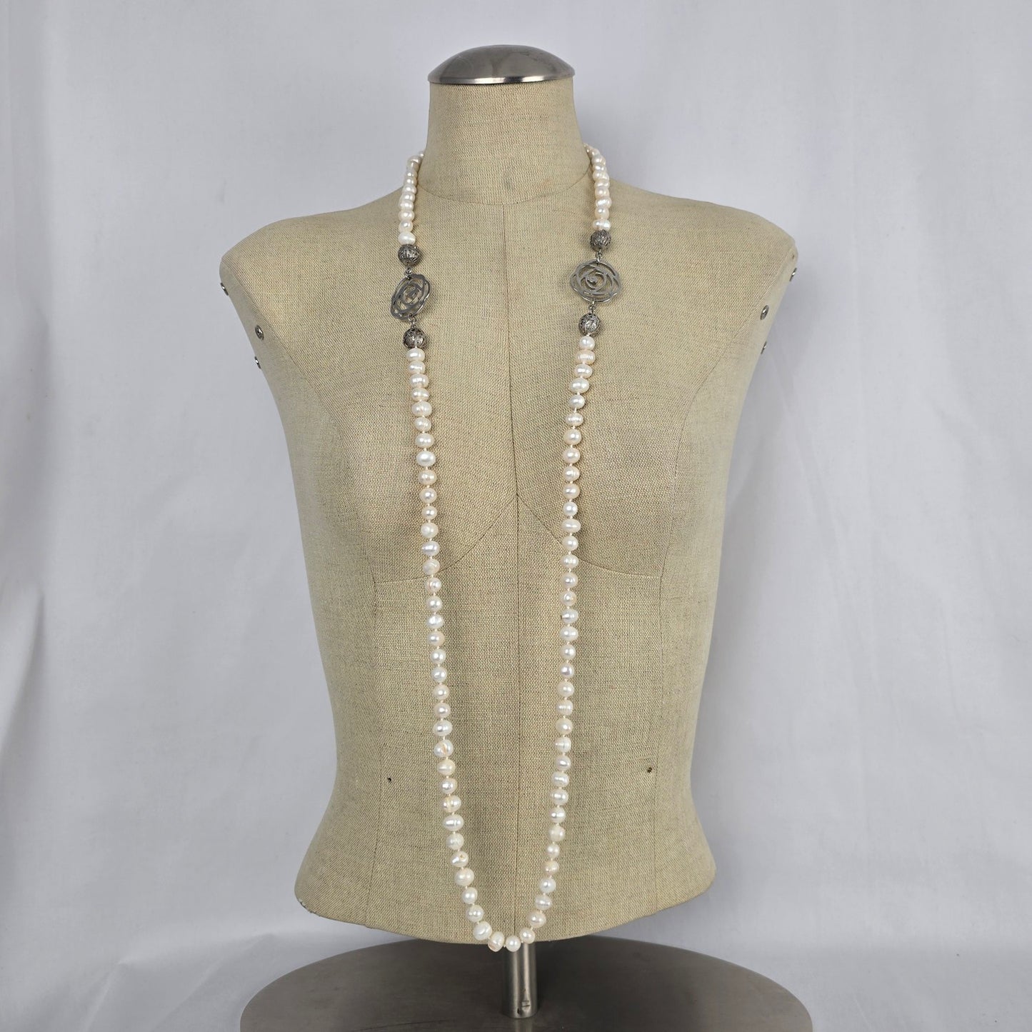 Fresh Water Pearl Floral Silver Hand Knotted Long Necklace