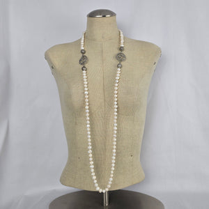 Fresh Water Pearl Floral Silver Hand Knotted Long Necklace