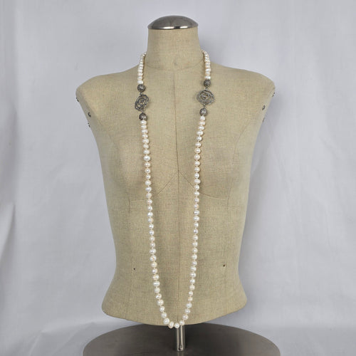 Fresh Water Pearl Floral Silver Hand Knotted Long Necklace