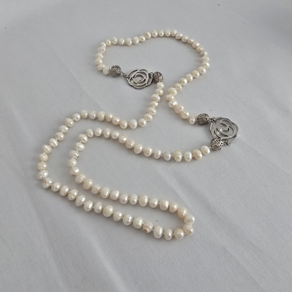 Fresh Water Pearl Floral Silver Hand Knotted Long Necklace