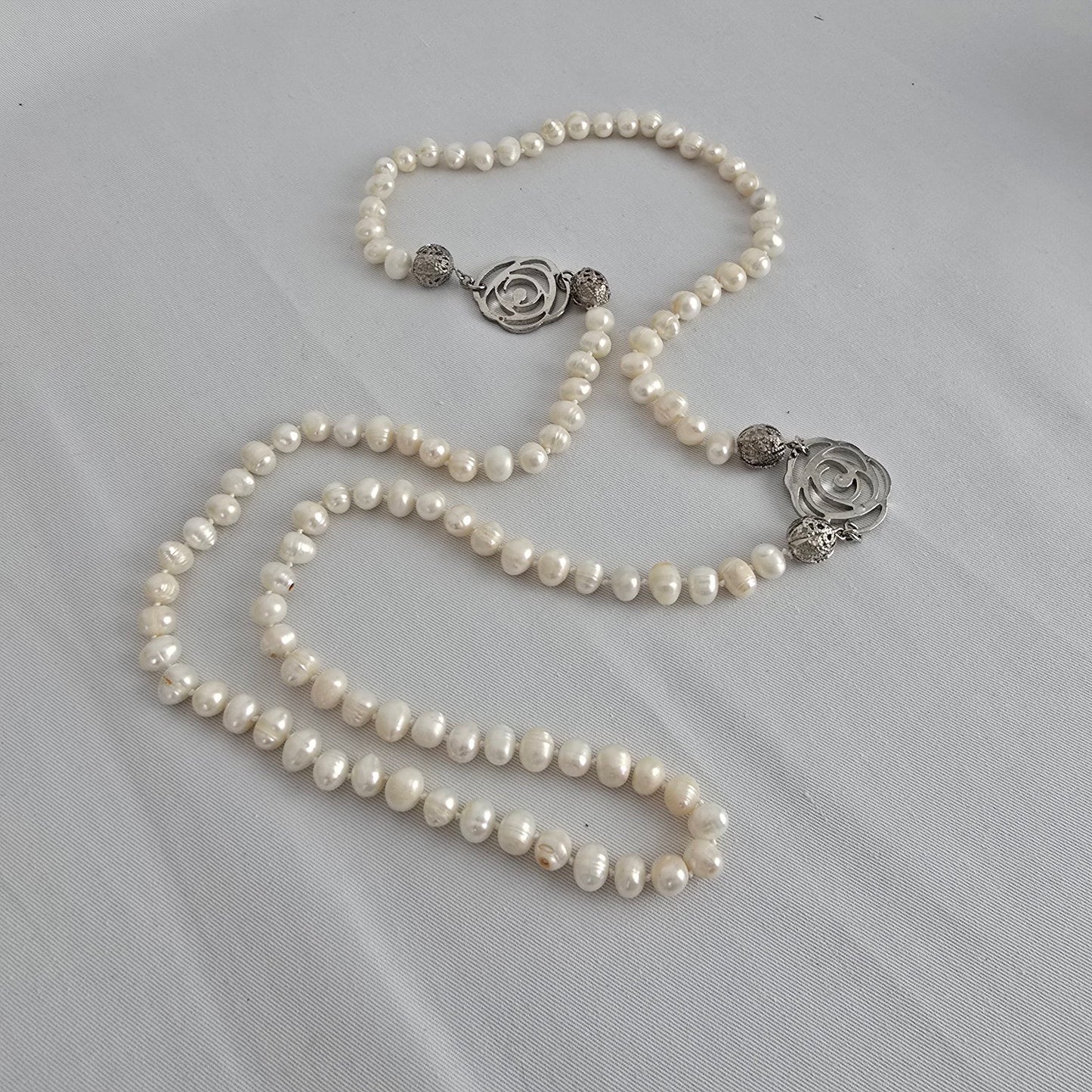 Fresh Water Pearl Floral Silver Hand Knotted Long Necklace