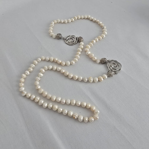 Fresh Water Pearl Floral Silver Hand Knotted Long Necklace